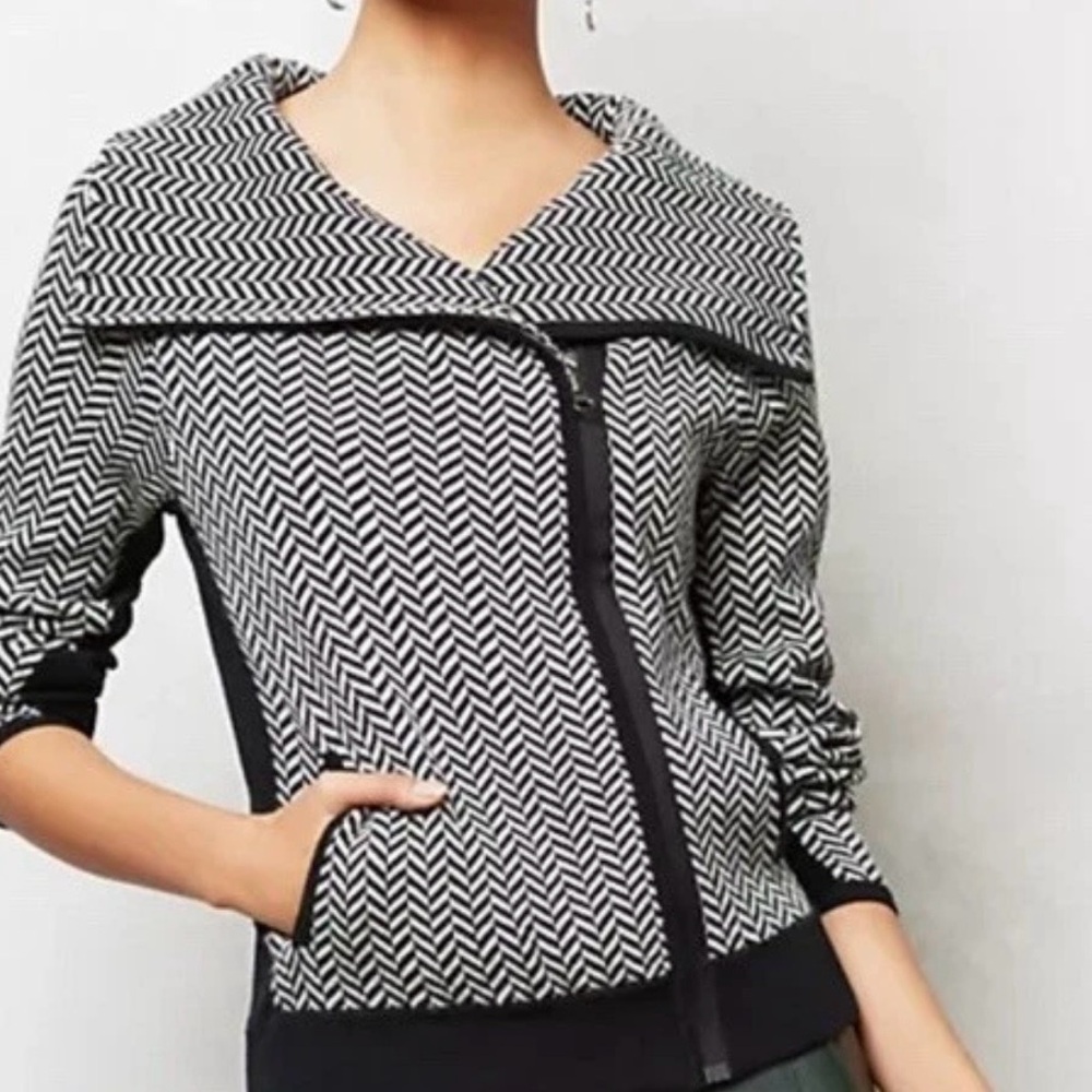 Anthropologie Sparrow Chevron Knit Sweater Jacket Wool Blend Black White Large